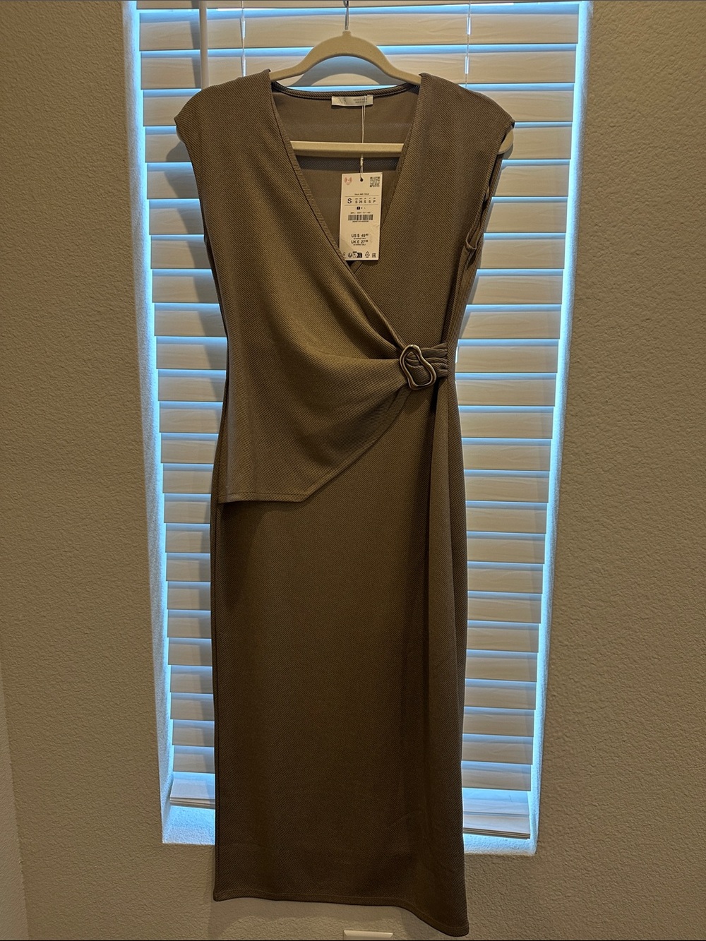 Zara Olive Tan Cap-Sleeve Wrap Midi Dress with Buckle